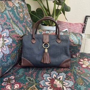 Elegant Denim and Brown Leather Women's Bag